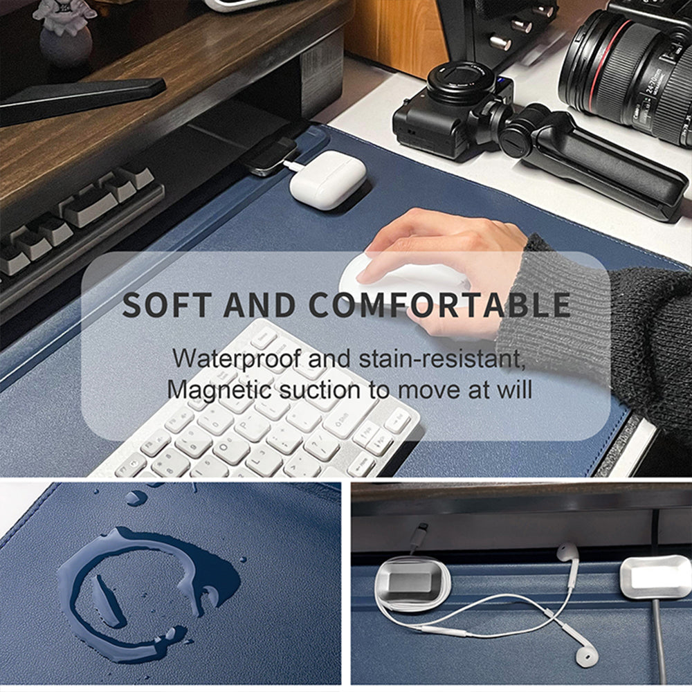 PU Leather 68.5 x 36.8cm Desk Mat with Magnetic Cable Holder for Office Home - NAVOR