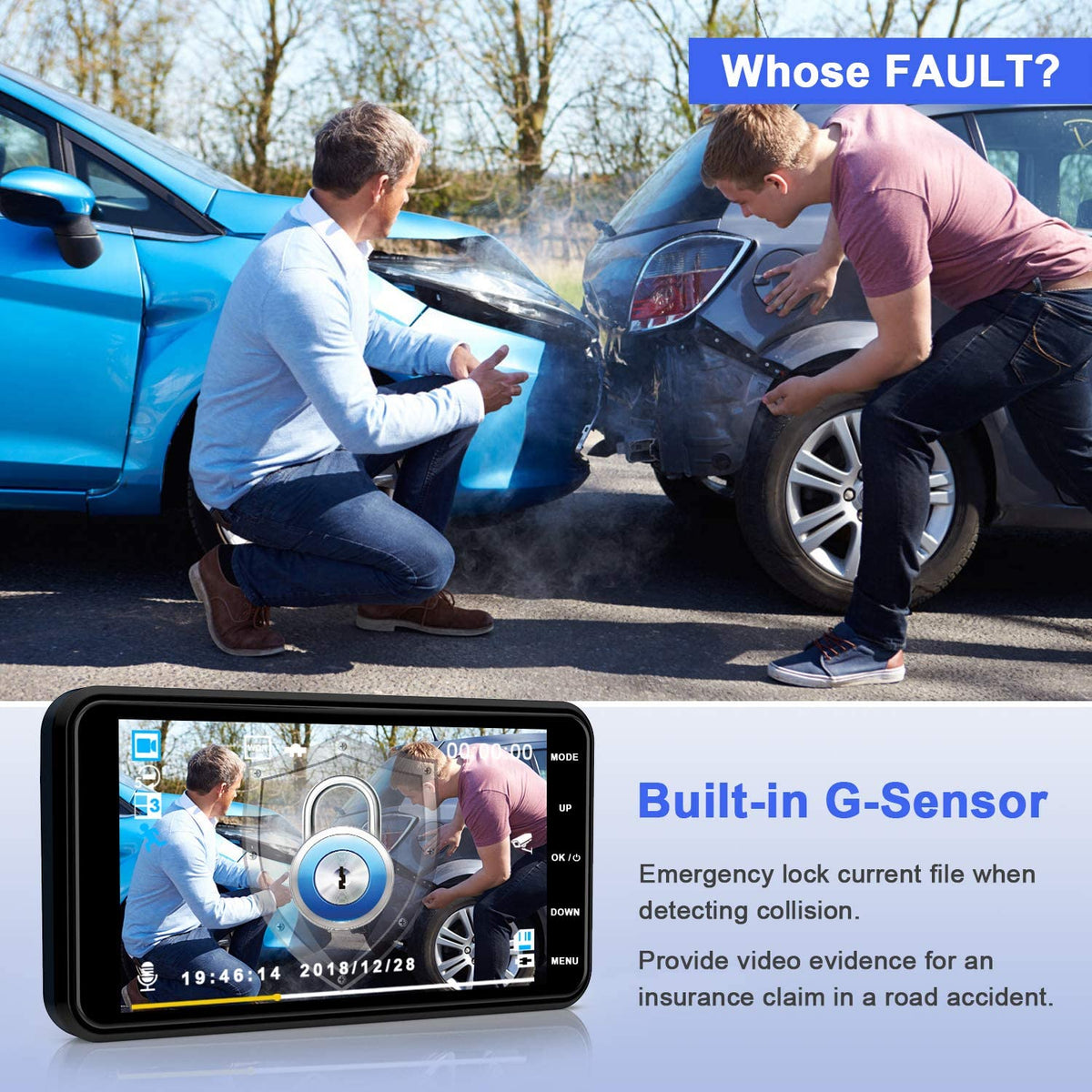 Dash Cam 1080P FHD Driving Recorder 4" Screen w Backup Camera - NAVOR