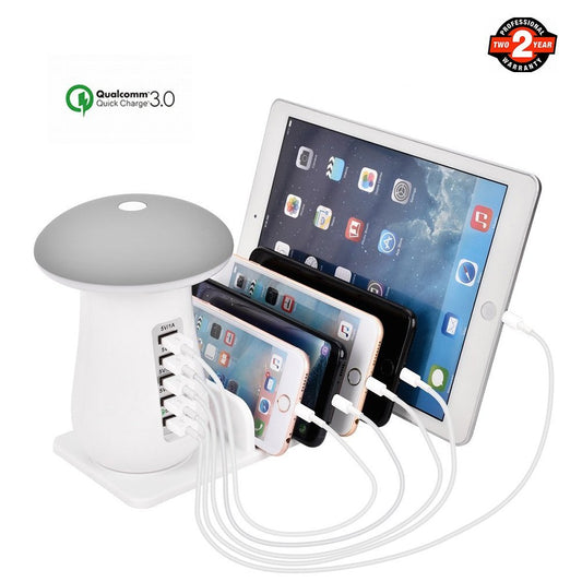 5-Ports USB Charger Charge 3.0 Technology with with Mushroom Lamp - NAVOR