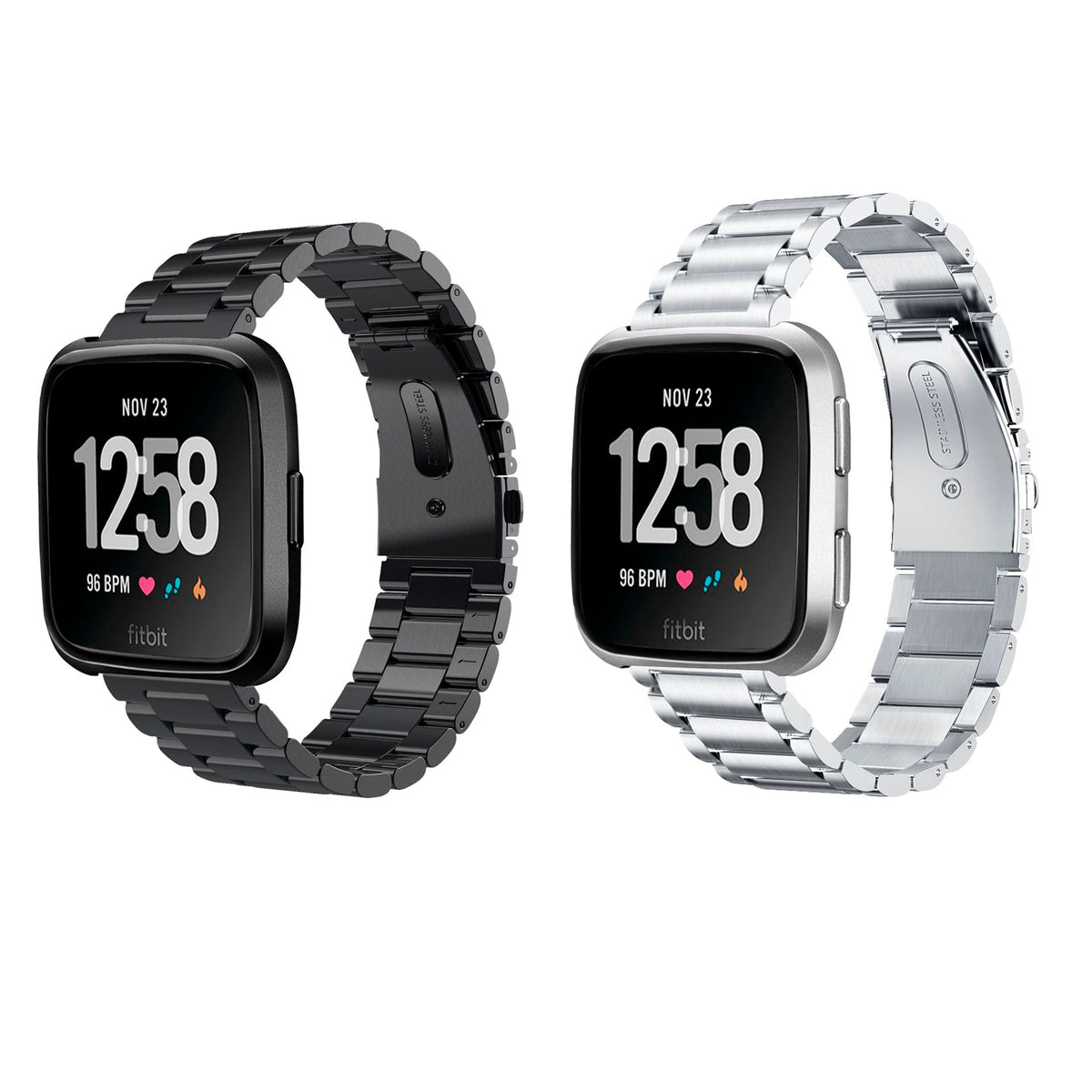 Solid Stainless Steel Replacement Watch Band/ Bracelet for Fitbit Versa Smartwatch - Black/Silver - NAVOR