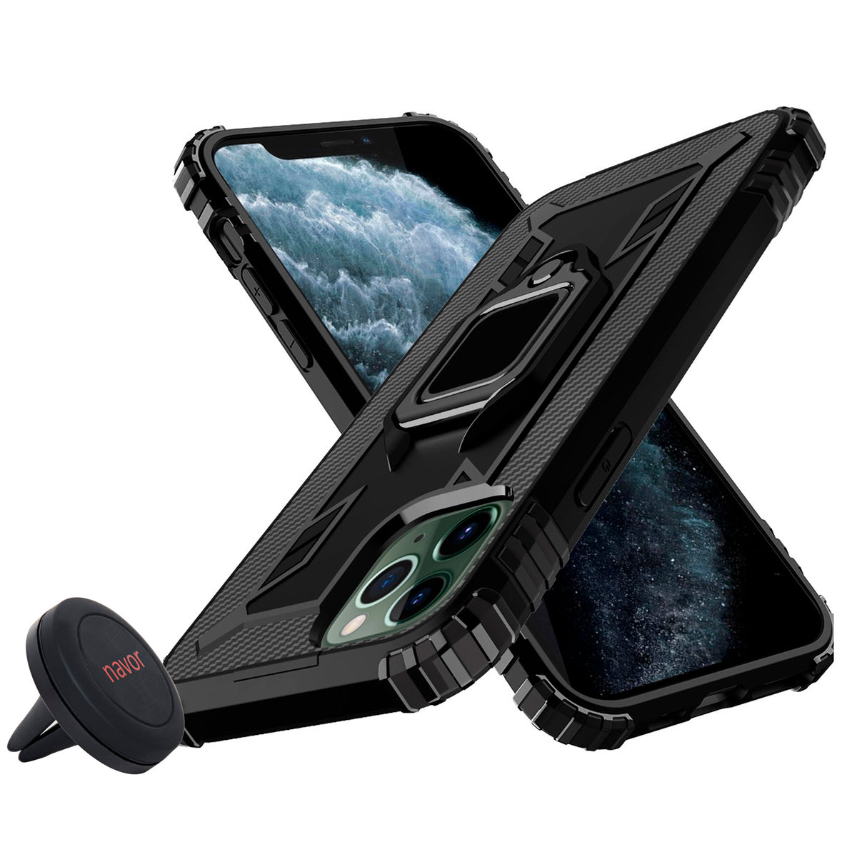 Navor Car Mount & Heavy Duty Dual Layer Reinforced Raised Screen Edge Case for iPhone 11 [6.1 inch] - NAVOR