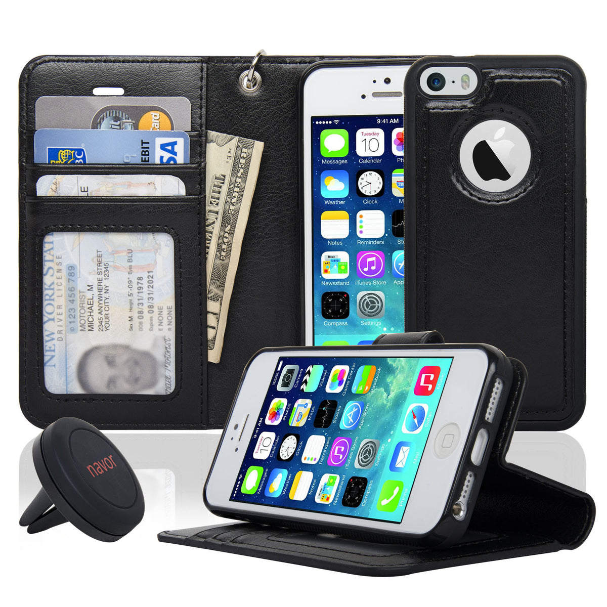 Navor Car Mount and iPhone 5 Detachable Magnetic Housing Wallet Case Cover for iPhone 5/5S - NAVOR