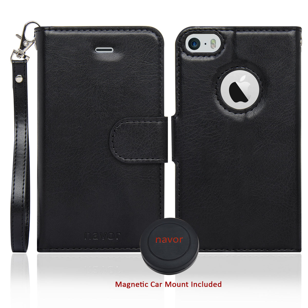 Navor Car Mount and iPhone 5 Detachable Magnetic Housing Wallet Case Cover for iPhone 5/5S - NAVOR