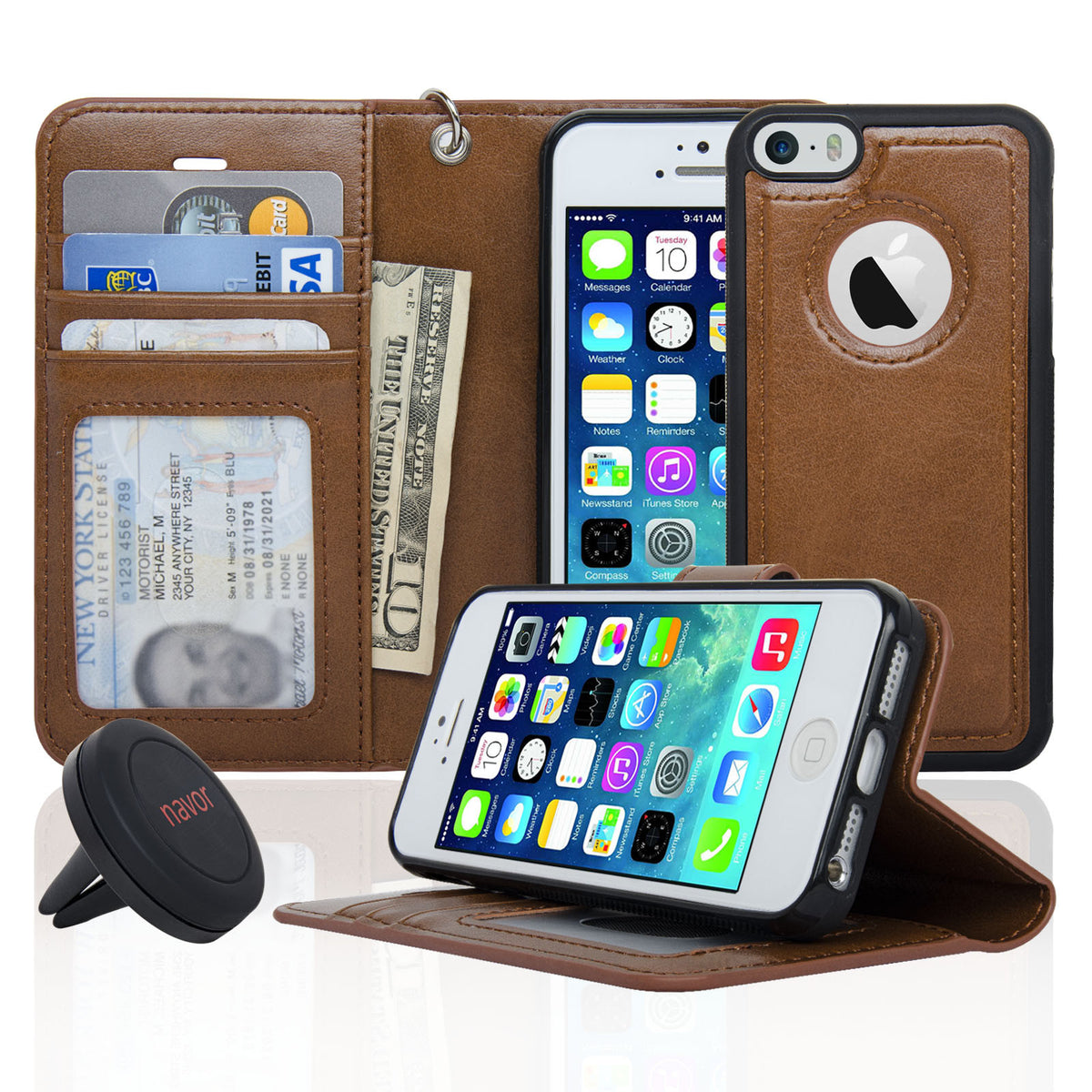 Navor Car Mount and iPhone 5 Detachable Magnetic Housing Wallet Case Cover for iPhone 5/5S - NAVOR
