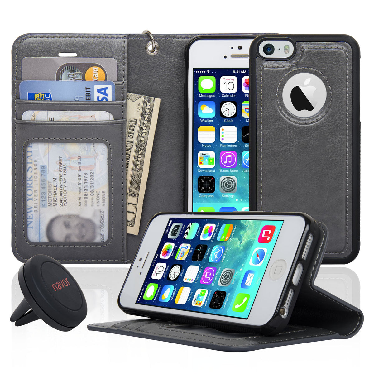 Navor Car Mount and iPhone 5 Detachable Magnetic Housing Wallet Case Cover for iPhone 5/5S - NAVOR