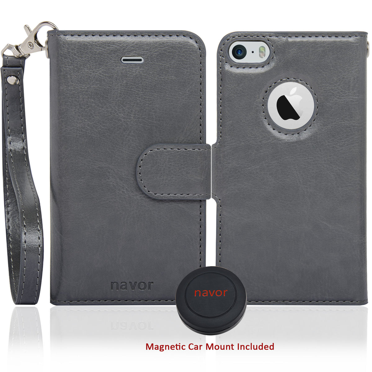 Navor Car Mount and iPhone 5 Detachable Magnetic Housing Wallet Case Cover for iPhone 5/5S - NAVOR