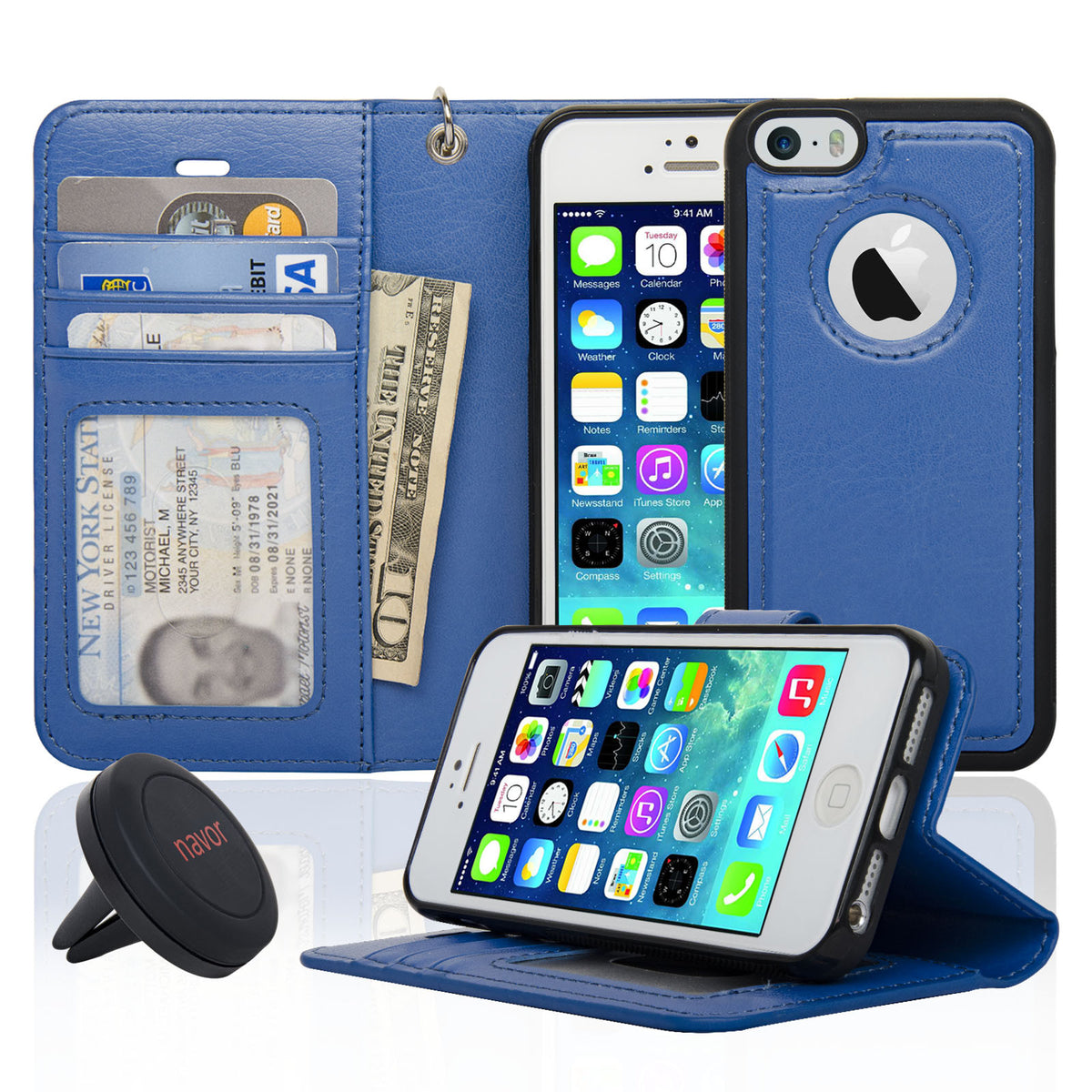 Navor Car Mount and iPhone 5 Detachable Magnetic Housing Wallet Case Cover for iPhone 5/5S - NAVOR