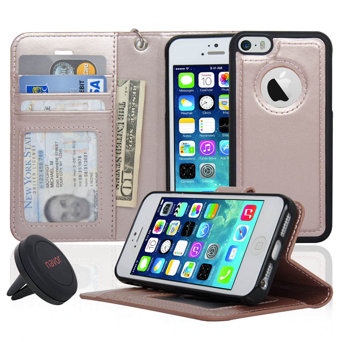 Navor Car Mount and iPhone 5 Detachable Magnetic Housing Wallet Case Cover for iPhone 5/5S - NAVOR