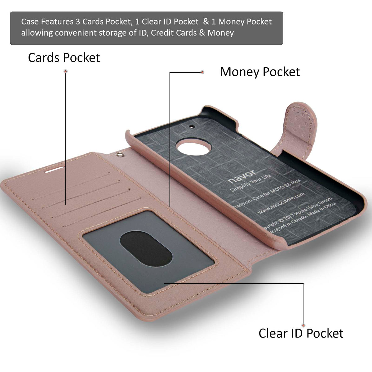 NAVOR Zevo Motorola Moto G5 Plus Wallet Case Slim Fit Light Premium Flip Cover with RFID Protection - NAVOR
