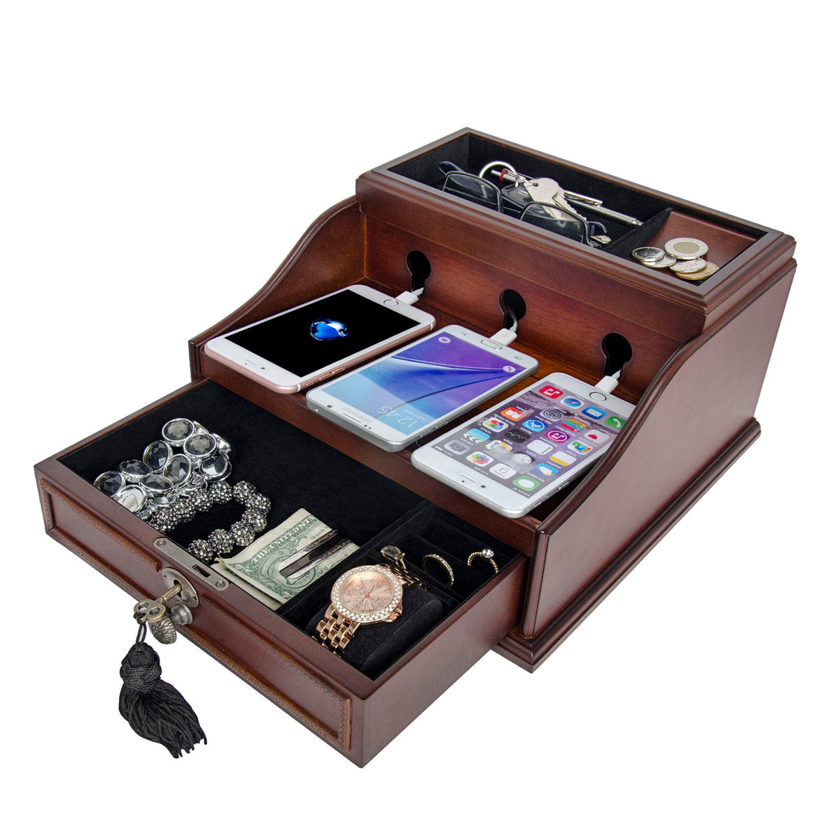 Multi Device Wooden Charging/Docking Station & Organizer with Drawer - NAVOR