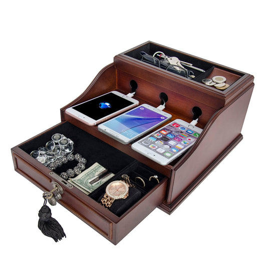 Multi Device Wooden Charging/Docking Station & Organizer with Drawer - NAVOR